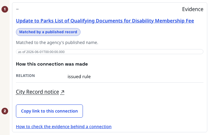 Expanded Connection evidence with match basis, source and copy-link control.