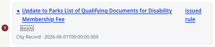 Parks rule record with its Details link beside the title.