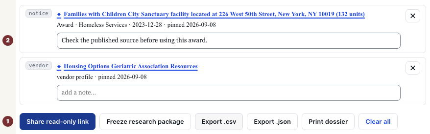 Investigation workspace with file exports above a pinned award and a disposable example note.