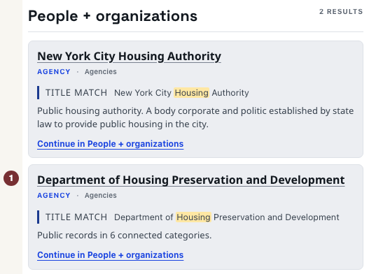 Housing search results showing the Housing Preservation and Development agency entry.