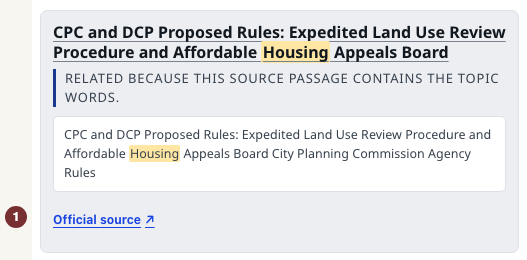 A rule passage in the housing search with its Official source link.