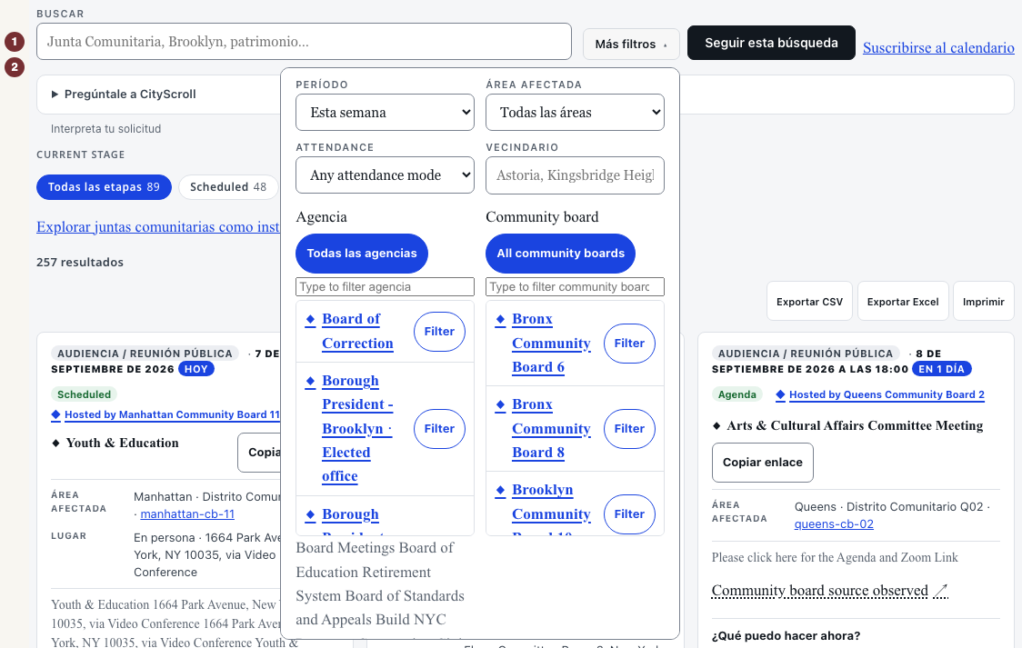 Filtros del listado de reuniones desplegados sobre los resultados.