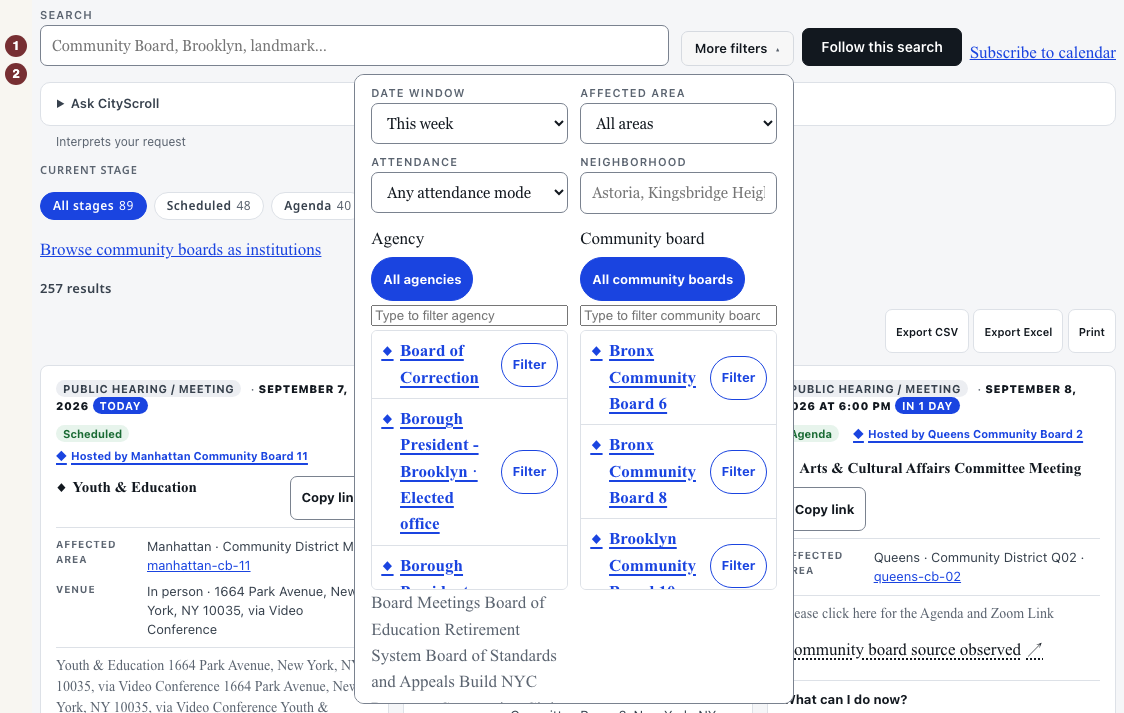 Meeting list filters expanded above the results.