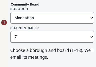 Community Board picker with Borough set to Manhattan and Board number set to 7.