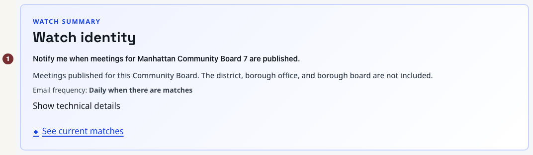 The watch summary identifies Manhattan Community Board 7 in a disposable preview.