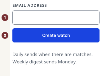 Create this watch form with an empty Email address and Create watch button.