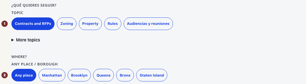 Botones de temas de Siguiendo sobre las opciones de distrito municipal.
