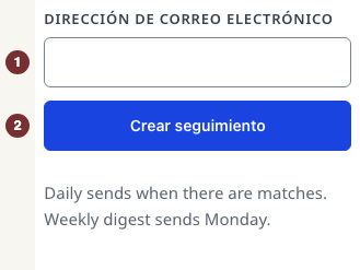 Formulario Crear este seguimiento con Email address vacío y botón Crear seguimiento.