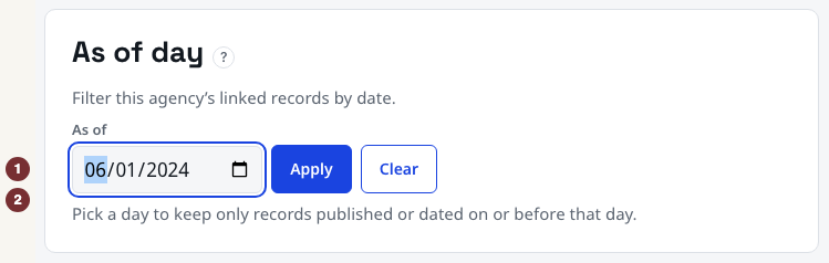 As of day panel with date field filled and Apply beside it.