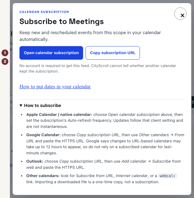 Calendar subscription panel naming Meetings and showing the open and copy options.