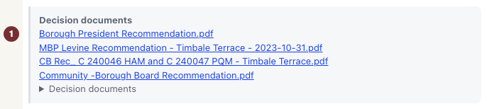 Decision documents for Timbale Terrace with links to the published files.