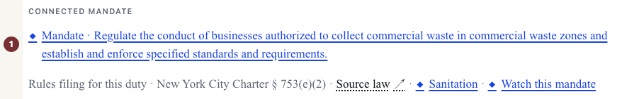 Connected mandate in the Sanitation rule notice with its duty link, relation and Charter citation.